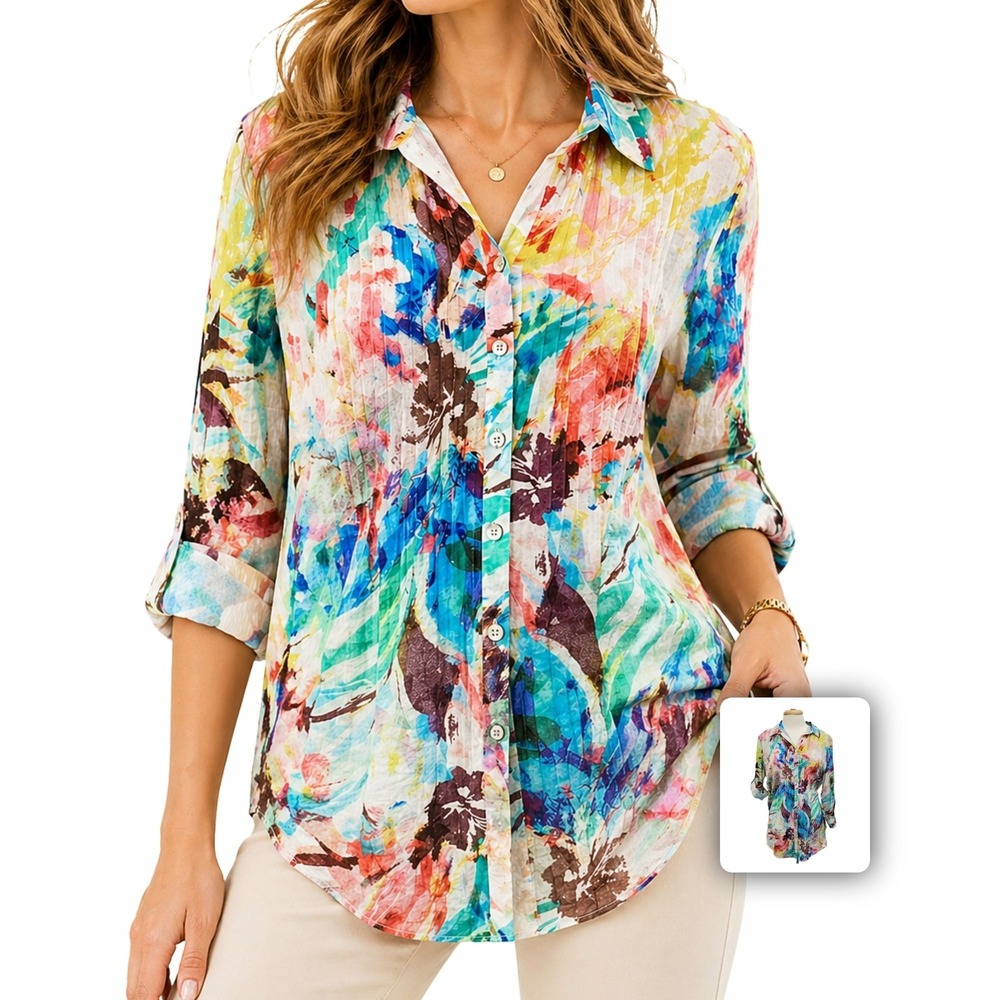 Alison Sheri Abstract Print Shirt Button Up Roll‎ Tab Lightweight Office L